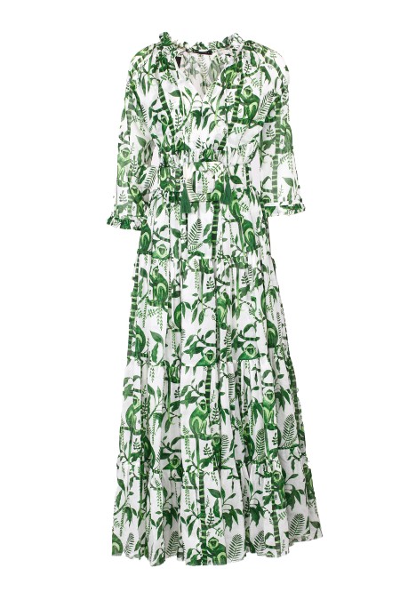 Shop SAMANTHA SUNG  Dress: Samantha Sung "Eden" dress in cotton muslin.
Bohemian style.
3/4 sleeves.
Round neckline.
Complete with belt or sash.
Composition: 100% Cotton.
Made in South Korea.. EDEN BOTANICAL-WHITE/GREEN